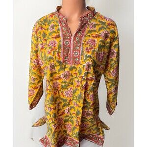 Craft House India Cotton Kurti Yellow Floral Hand Block Print Tunic Boho Top L